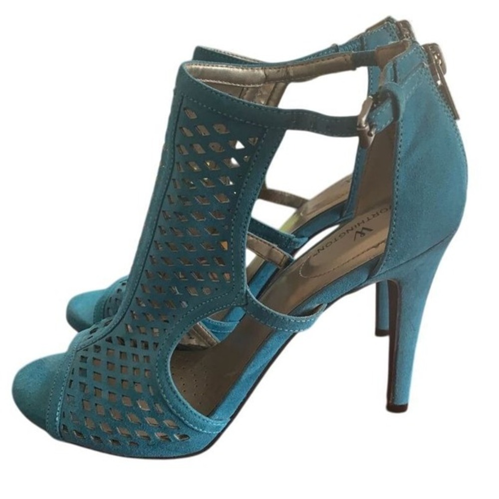 Worthington Raskel Heels 6.5 Teal Faux‎ Suede Laser Cut Peep Toe Stiletto
